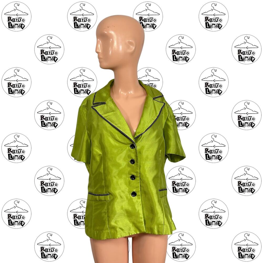 Perceptions M Neon Lime Green Brown Trim Short Sleeve Blouse Colorful Retro Chic